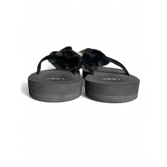 Ugg Womens Poppy Flip Flops Black Fur Pom-Poms Patent Finish Sz 6 Sandals - Picture 5 of 8